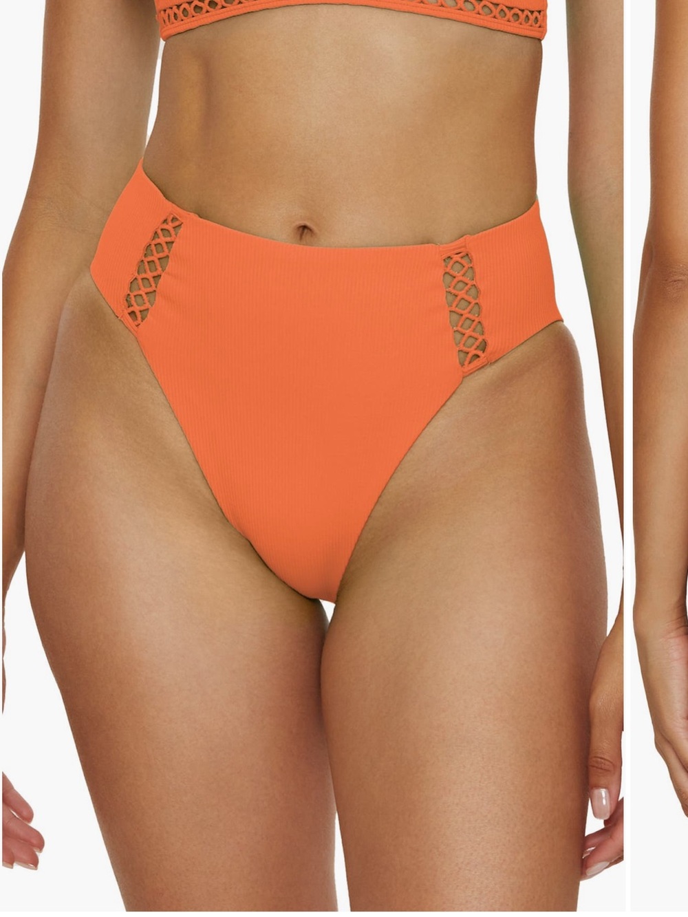 BECCA Orange Ribbed High-Waist Bikini Bottom with Lattice Sides